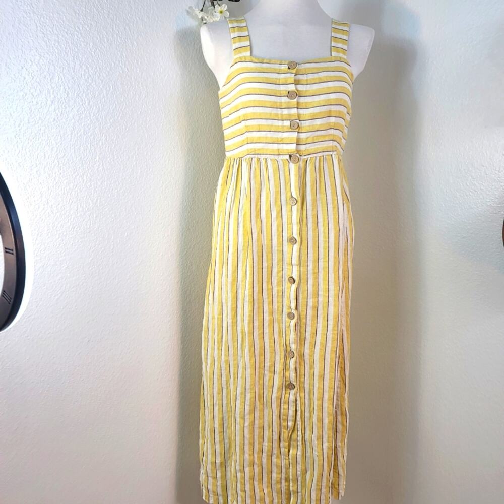RACHEL ZOE Yellow Ivory Striped Linen Button Front Midi Dress Breezy Summer - Picture 3 of 14